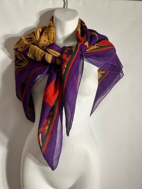 VIBRANT PURPLE WITH BOLD TROPICAL BOTANICAL PRINT YELLOW GOLD REDDISH SCARF O/S
